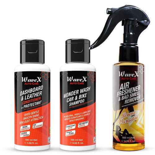 KIT-WWDA Wonder Wash Car & Bike Shampoo 100ml,Car Dashboard & Leather Conditioner 100ml and Car Air Freshener(Car Perfume) 100ml Combo