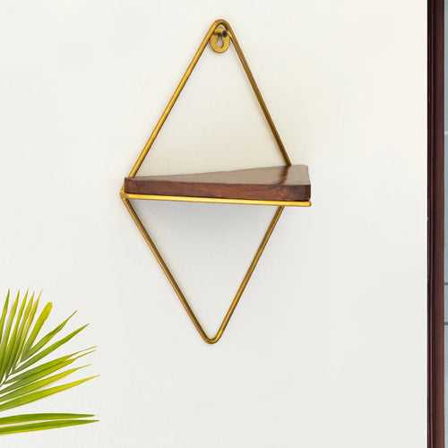 'Diamond Floating' Wall Shelf In Iron & Mango Wood (14.4 Inch, Golden, Handcrafted)