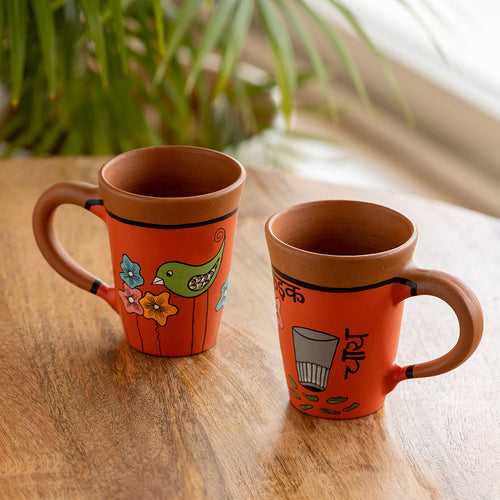 Chai Birdies' Terracotta Coffee & Tea Cups (Set Of 2, 250 ML, Hand-Painted, Orange)