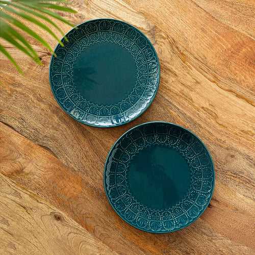 'Teal Forest' Hand Glazed Ceramic Dinner Plates (Set of 2, Hand-Etched, Microwave Safe)