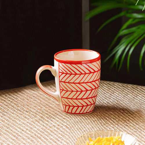 'Red Chevrons' Hand-Painted Ceramic Tea & Coffee Mug (260 ML, Microwave Safe)