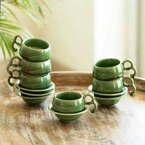 'Jade Forest' Hand Glazed Ceramic Tea Cups & Saucers (Set of 6, 120 ml, Microwave Safe)