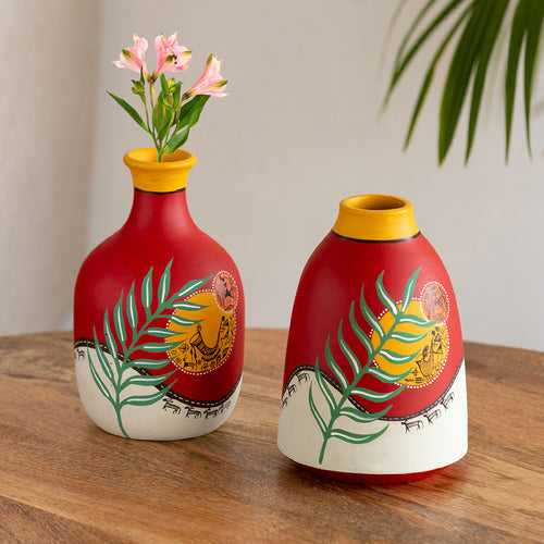 Leafy Warli Tales' Hand-Painted Terracotta Vases (Set of 2, Red)