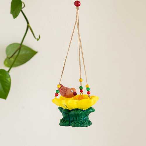 Thirsty Sparrow' Hand-Painted Terracotta Bird Feeder (4.1 Inch, Multicolored)