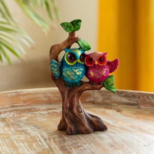 'Owls On a Tree Branch' Modern Decorative Showpiece Statue (Resin, Handcrafted, 10 Inches)