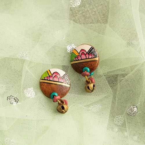 'Lotus Imprint' Bohemian Beaded Sheesham Wooden Earrings (Hand-Painted)