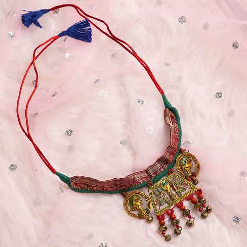 'Tribal Community' Bohemian Beaded Silk & Brass Necklace (Dhokra Art, Handcrafted)