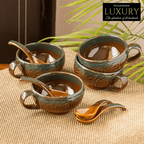 'Amber & Teal' Studio Pottery Soup Bowls With Spoons In Ceramic (Set Of 4)