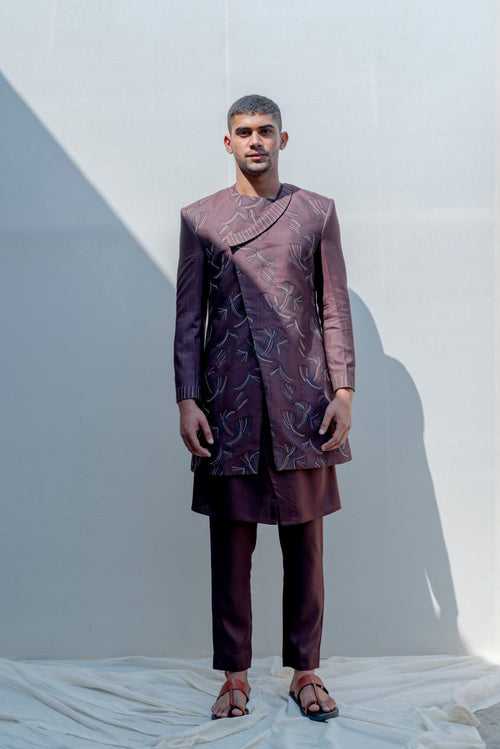 ABBERANT- BROWN ASYMMETRIC EMBROIDERED ACHKAN WITH KURTA SET