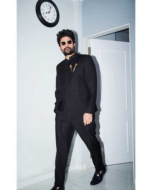 Jaideep Ahlawat in our Majestic- Black Asymmetric Indo-Western Jacket Set