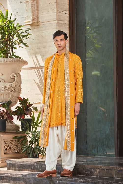 Dhruva - Mustard Chikankari Kurta With Off-White Salwar Set