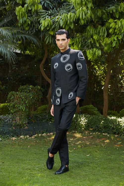 Cairo- Black Abstract Embroidered Bandhgala Open Jacket Set with Pants & Collarless Shirt