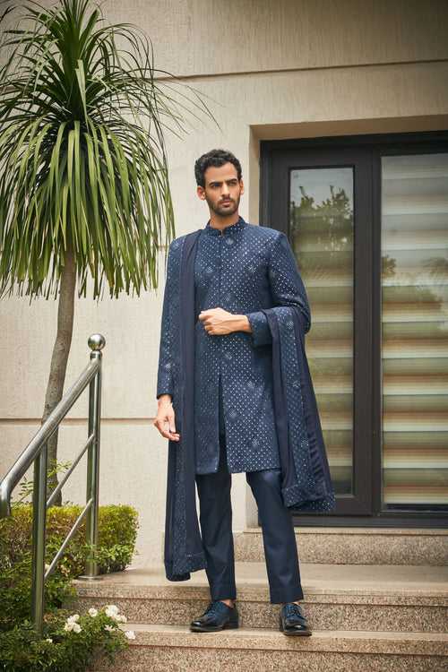 Anvit- Navy Blue Chikankari Embroidery Sherwani Set