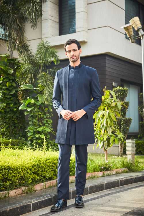 Barry- Navy Blue Pintucks Indo-western Set