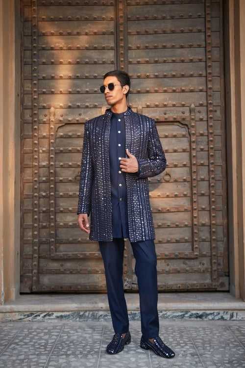 Oran- Navy Blue Chikankari Open Jacket Set