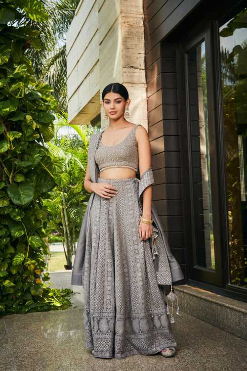 Eka- Dark Grey Chikankari Embroidered Lehenga Set