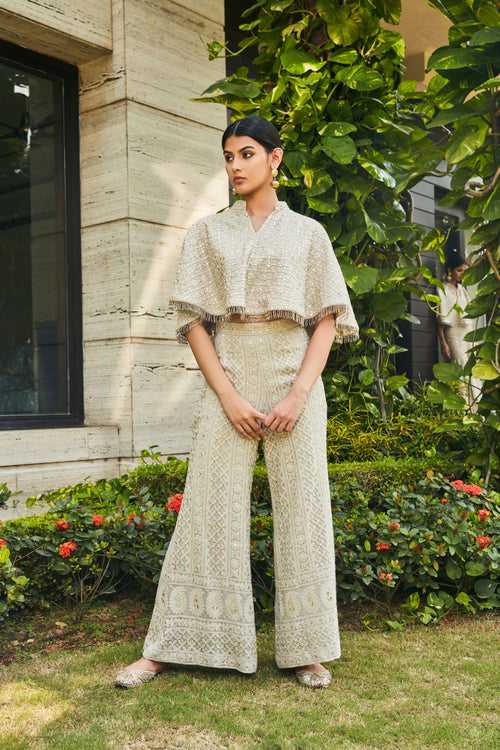 Ila- Light Grey Chikankari & Mirror work Cape with Flared Pants