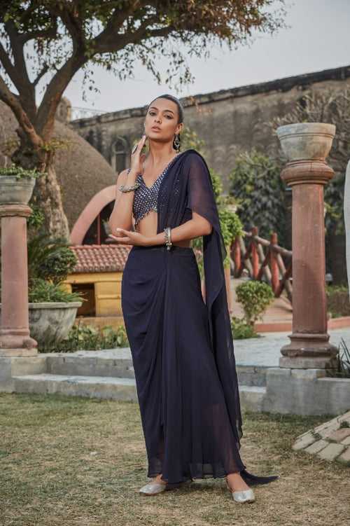 Maureen- Navy Blue Chikankari Embroidered Concept Saree