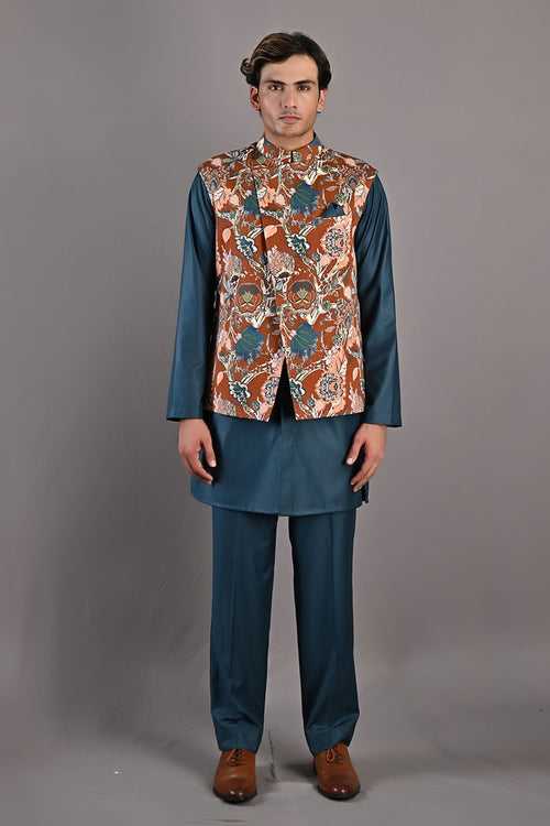 Fiore - Maroon & Multi Printed Nehru Jacket with Teal Green Kurta Set