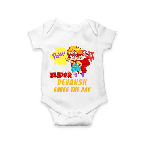 Celebrate The Super Kids Theme With "Pow! Bang! Super Boy Saves The Day" Personalized Romper For your Baby