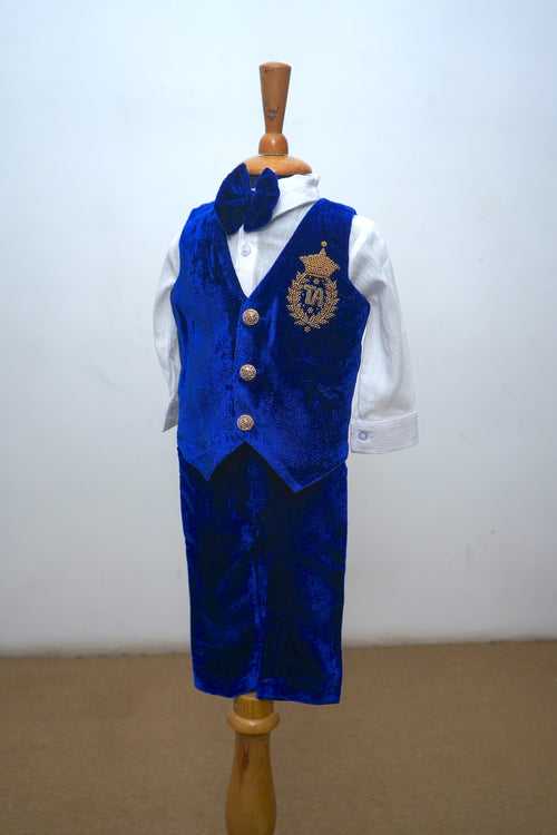 Royal Blue Velvet With Chest Embroidery Kid Waist Coat Set Dad Son Combo