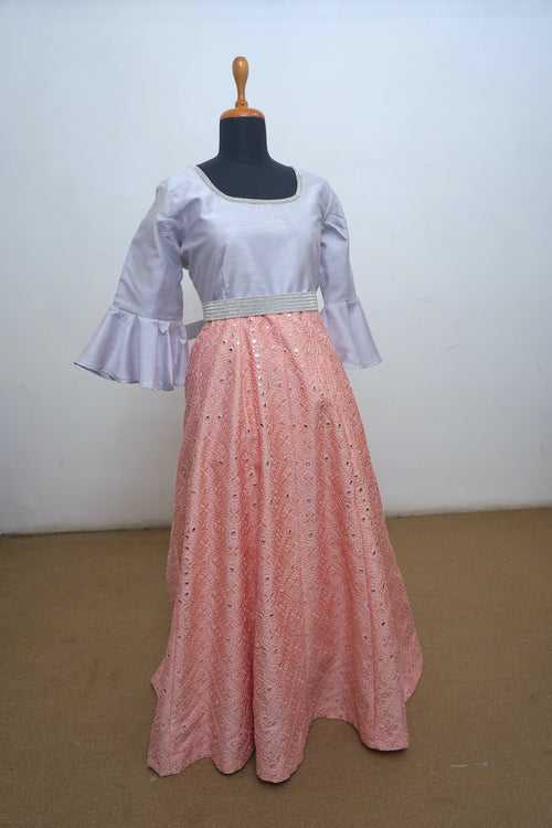 Peach Mirror Work With White Raw Silk Mom Dress