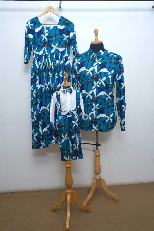 Peacock Blue Printed Cotton Family Combo