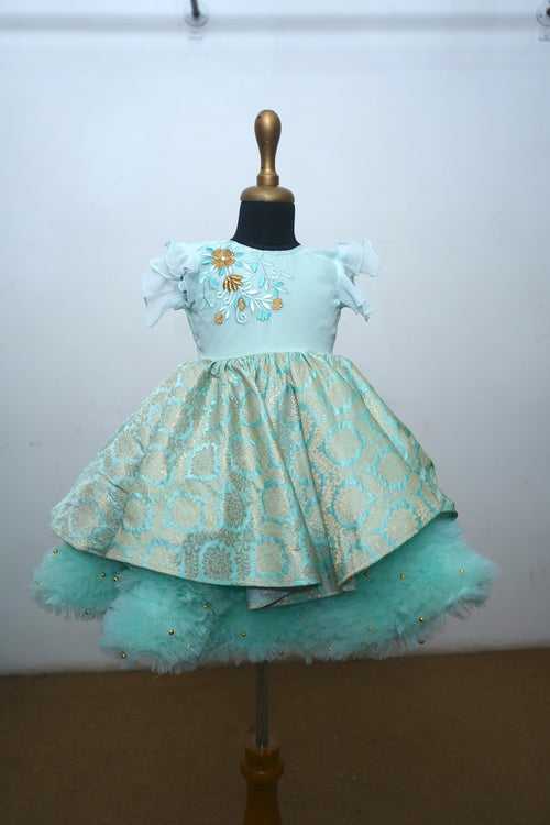 Mint Green Raw Silk With Frills Net Baby Dress