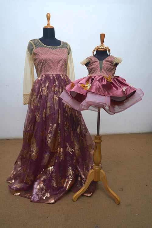 Gold Foiled Plum Organza With Satin Mom Daughter Combo