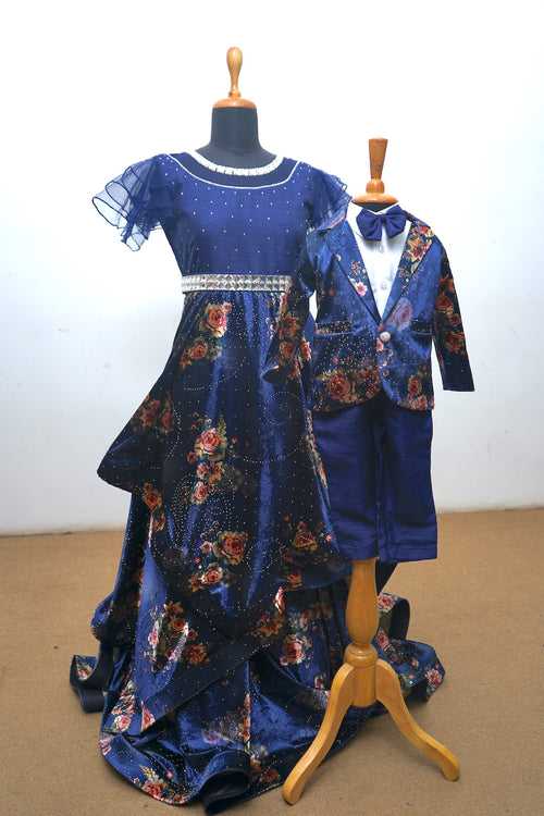 Navy Blue Printed Velvet With Net Mom Son Combo