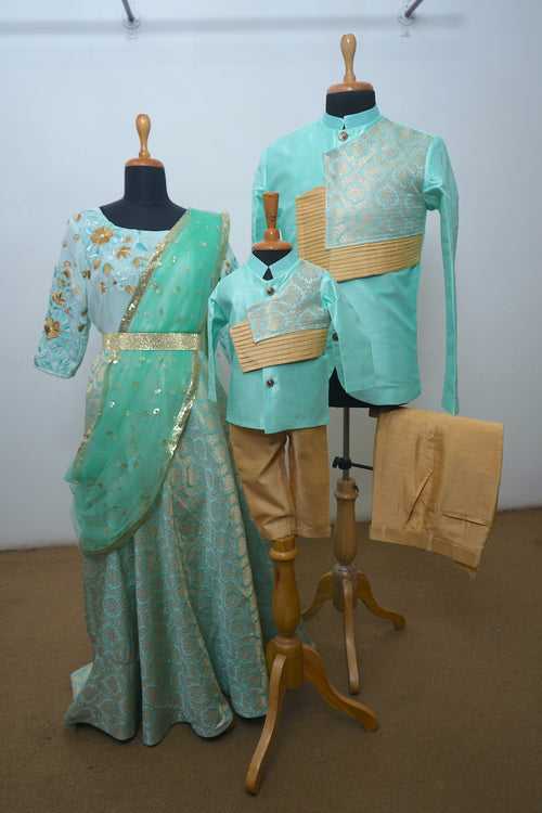 Mint Green Raw Silk With Brocade Family Combo