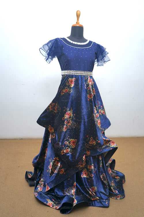 Navy Blue Printed Velvet With Net Mom Dress