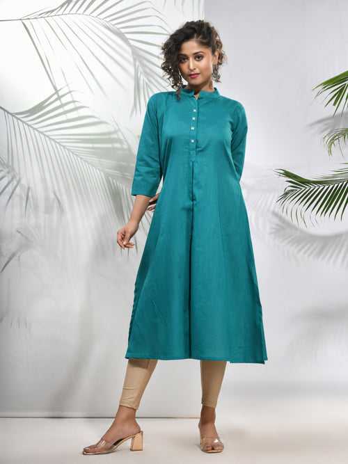 Teal Solid Cotton A-line Kurta