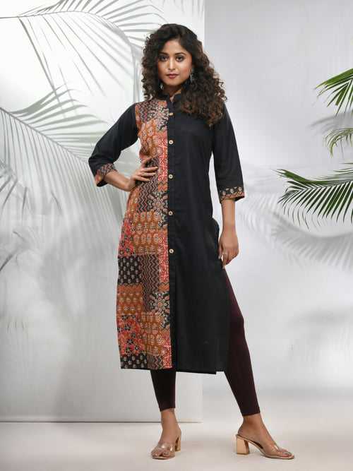 Black Cotton Ajrak Printed Straight Kurta