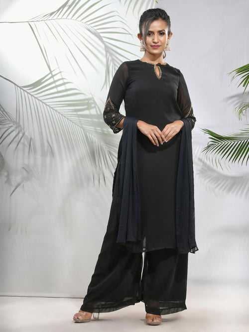 Black Georgette Suit Set With Beads Work