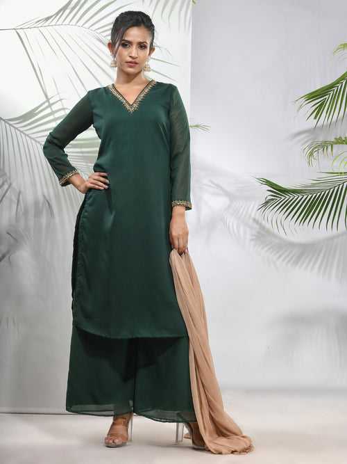 Emerald Green Georgette Suit Set With Beads Work