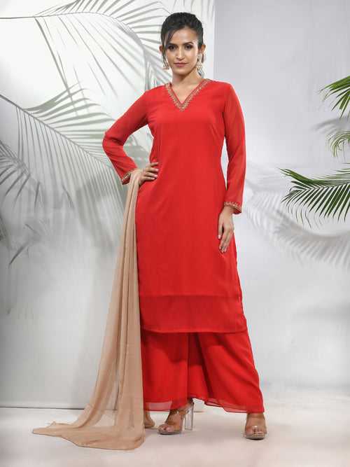Red Georgette Suit Set With Beads Work