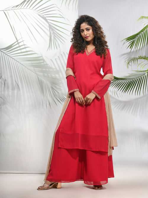 Fuchsia Georgette Suit Set With Beads Work