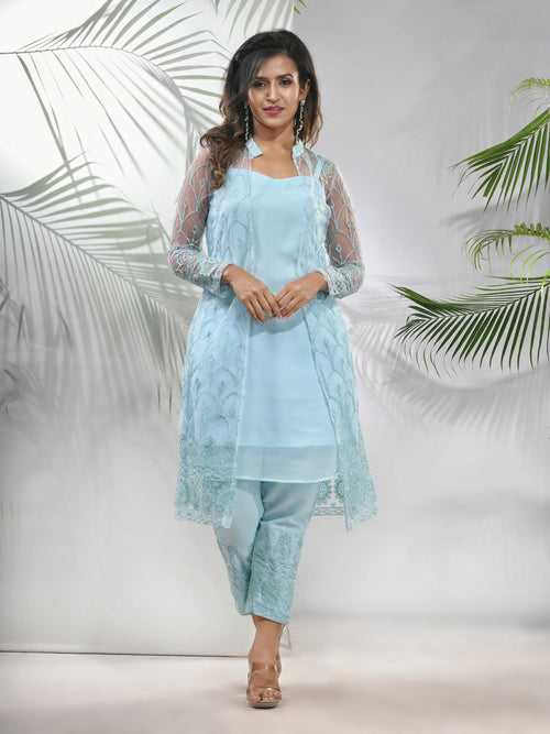 Sea Green Georgette Kurta Set With Floral Embroidery Jacket