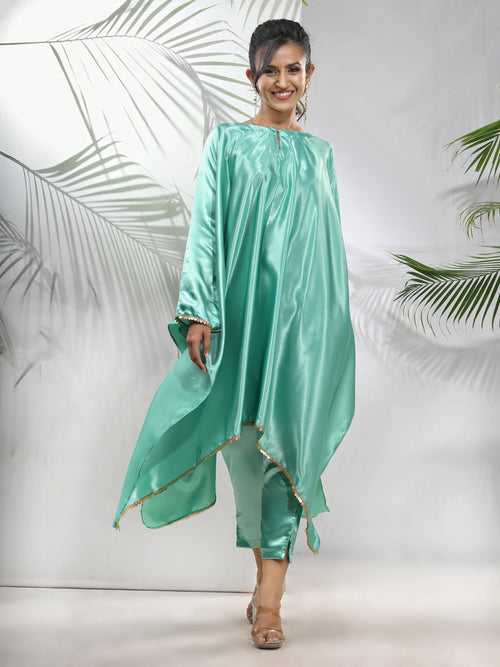 Mint Green Solid Satin Kaftan & Straight Pant Set With Sequins
