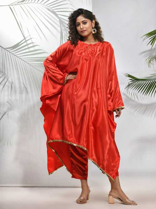Red Solid Satin Kaftan & Straight Pant Set With Sequins