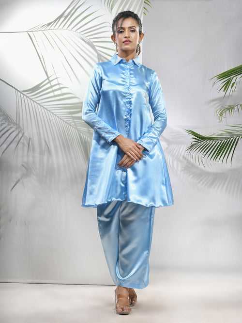 Sky Blue Satin Co-ord Set With Beads Work
