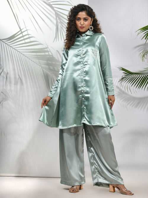 Sage Green Satin Co-ord Set With Beads Work