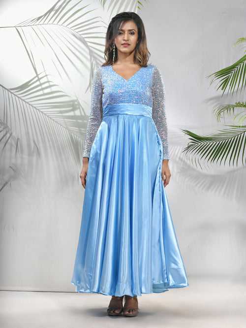 Sky Blue Satin Gown With Sequins Work