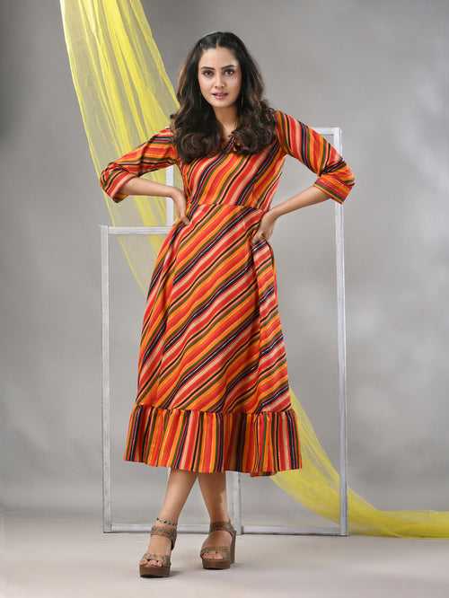 Multicolor Cotton Blend Stripe Printed Flared Ethnic Dress