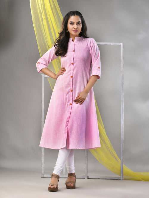 Baby Pink Solid Cotton A-line Kurta