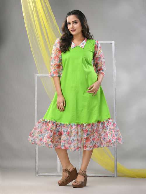 Parrot Green Cotton Solid A-line Ethnic Dress With Ruffle