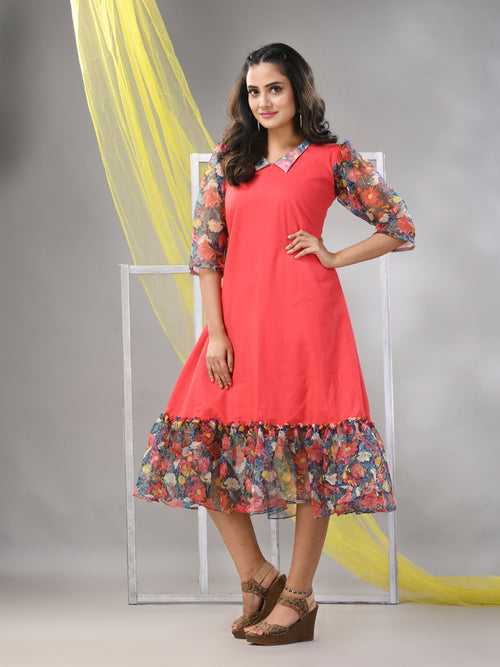 Peach Cotton Solid A-line Ethnic Dress With Ruffle