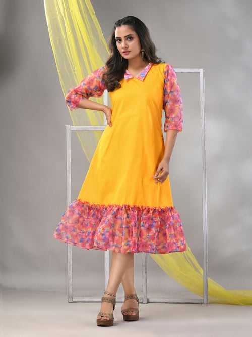 Yellow Cotton Solid A-line Ethnic Dress With Ruffle