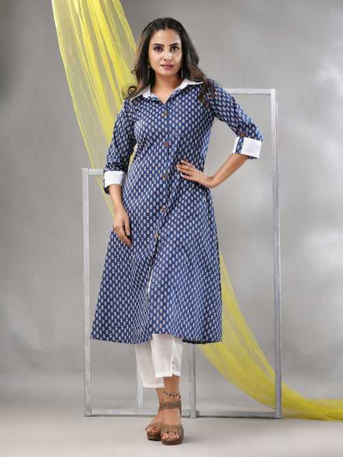 Navy Blue Cotton Printed A-line Kurta Set